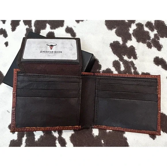American Bison Mens Genuine Leather Bifold Wallet Brown Western RFID Secure NEW - Picture 5 of 6